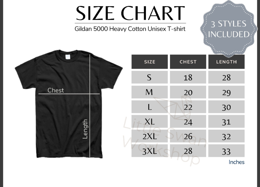 The image is a size chart for a Gildan 5000 Heavy Cotton Unisex T-shirt. The chart provides measurements for different sizes, including chest, waist, and length, along with corresponding numbers. The chart also includes a 3 styles included banner, indicating that the chart includes three styles of the t-shirt.