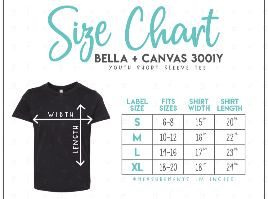 The image is a size chart for a youth short sleeve t-shirt, providing measurements for different sizes and corresponding t-shirt widths.