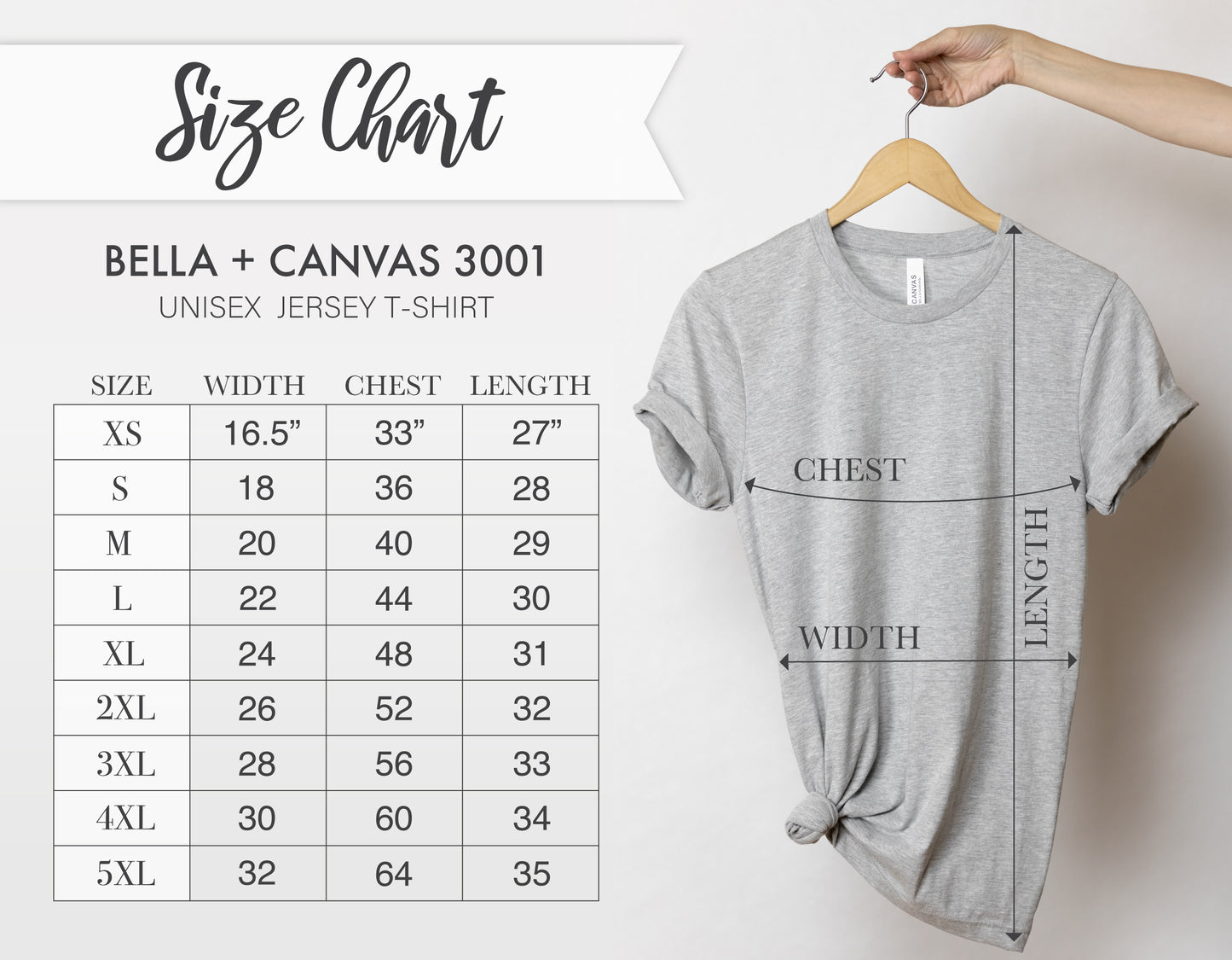 a size chart for a gray t-shirt, with measurements for chest, waist, and length. The chart includes a hand holding the t-shirt on a hanger, indicating the size of the shirt.