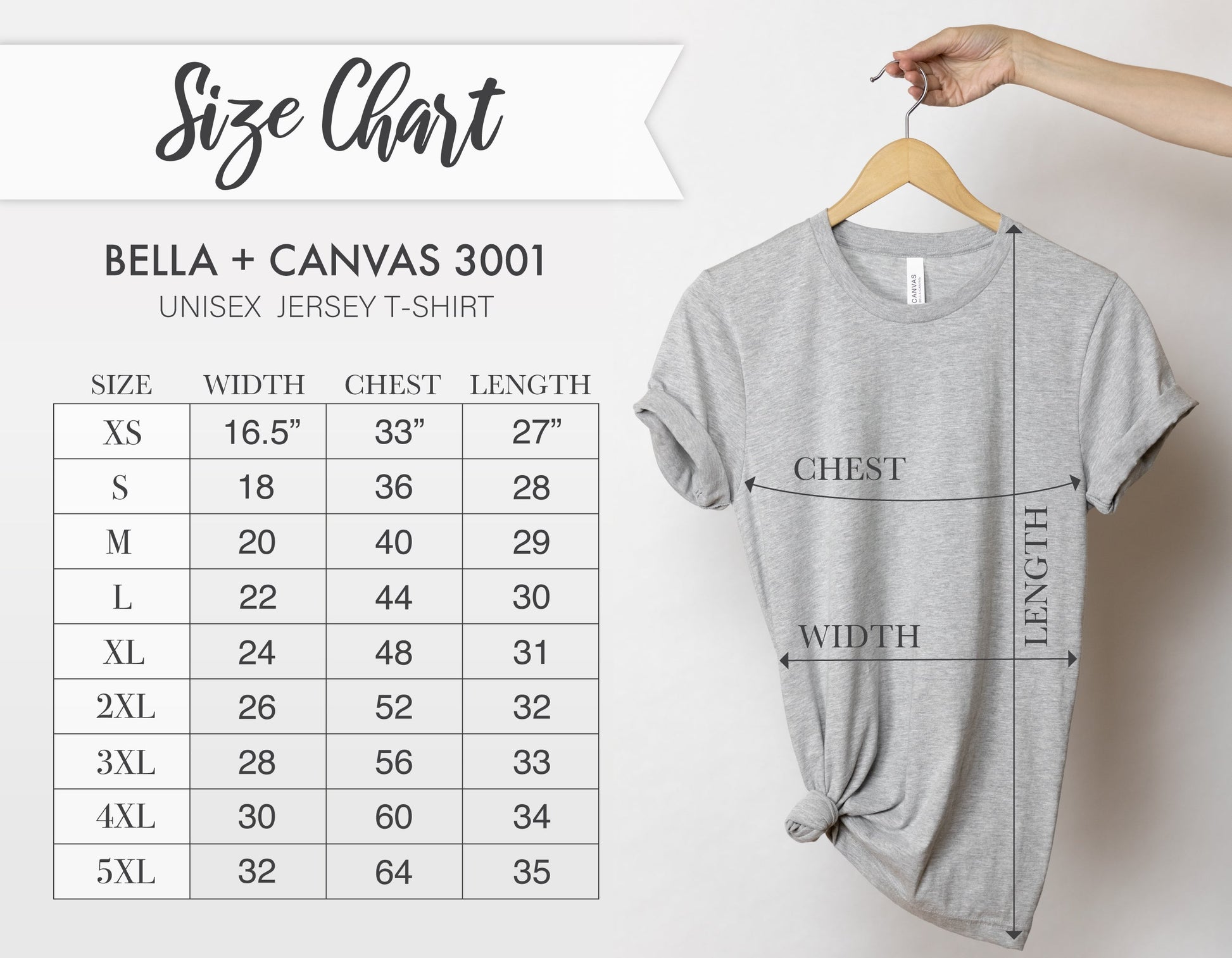 a size chart for a gray t-shirt, with measurements for chest, waist, and length. The chart includes a hand holding the t-shirt on a hanger, indicating the size of the shirt.