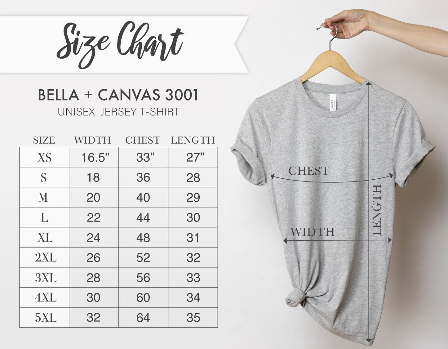 a size chart for a gray t-shirt, with measurements for chest, waist, and length. The chart includes a hand holding the t-shirt on a hanger, indicating the size of the shirt.