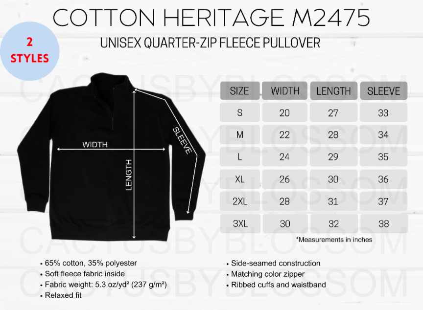 The image is a product image for a cotton heritage M275 unisex quarter-zip fleece pullover. It features a black jacket with measurements and descriptions of its features.